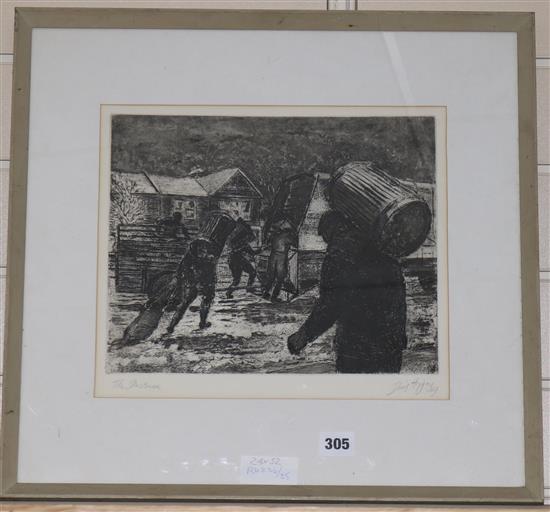 3 pictures, Dennis Higging, Naive boating scene and Still life of flowers and fruit